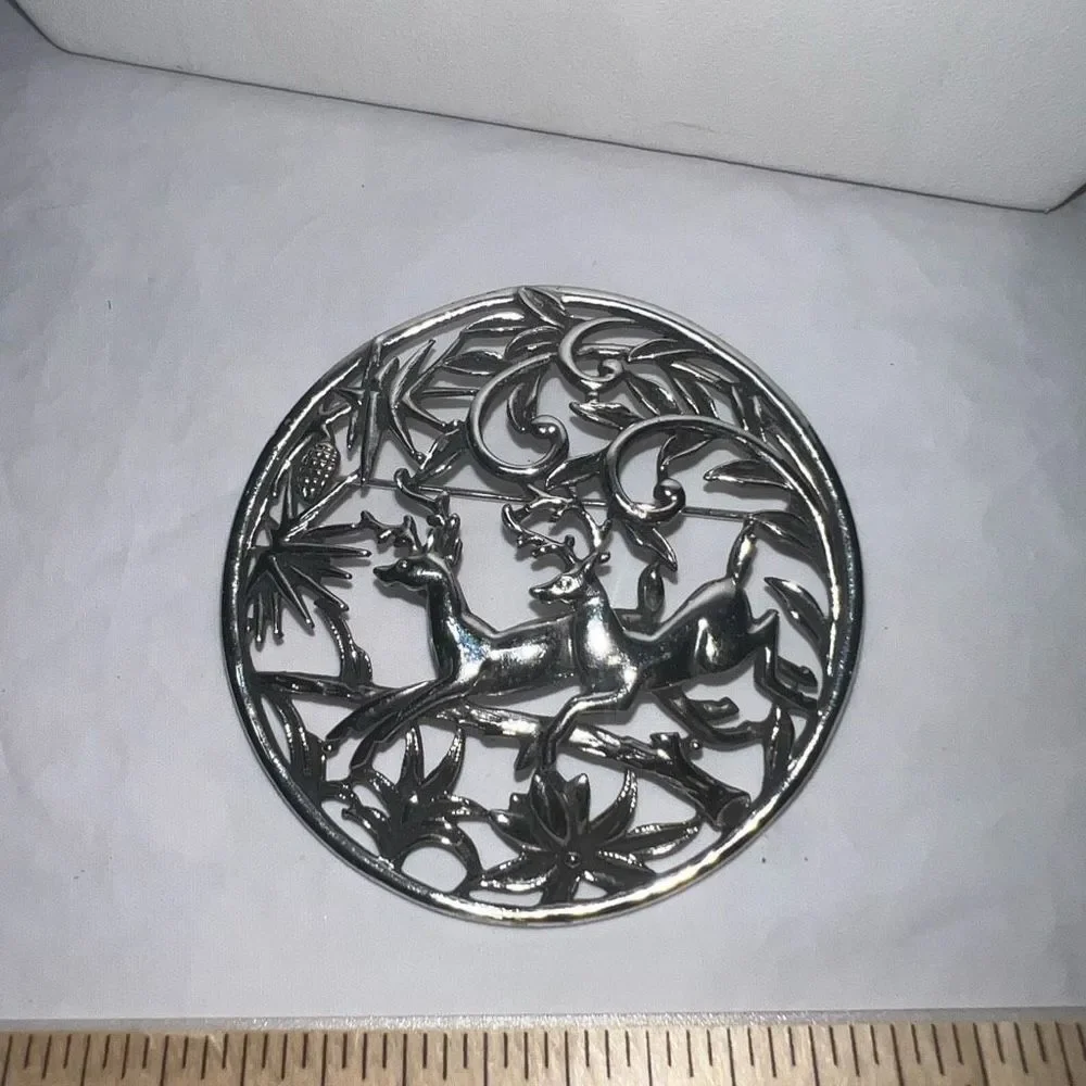 Vintage Woodland Flight Sarah Coventry Brooch Pin Silver Tone Deer Holidays Sign